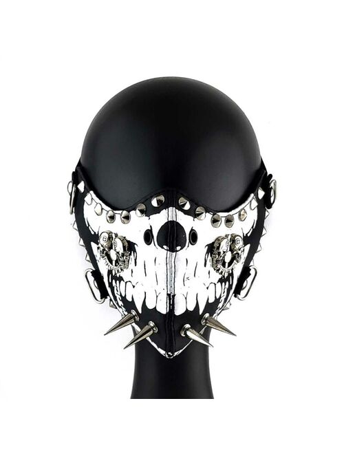 Mens White Skull Spike Punk Gothic Leather Mask Cosplay Biker Mask