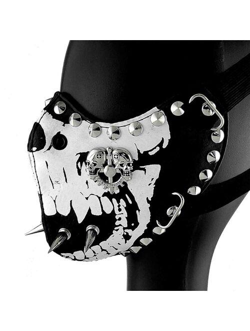 Mens White Skull Spike Punk Gothic Leather Mask Cosplay Biker Mask