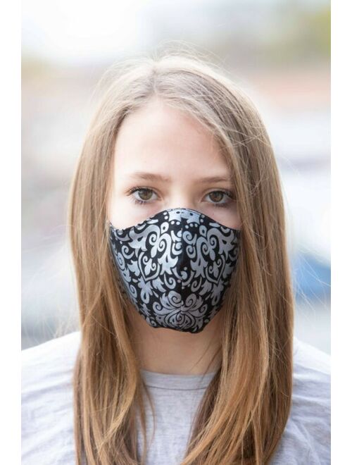 Womens Face Mask Washable Reversible Handmade Damask Black Silver Sparkle