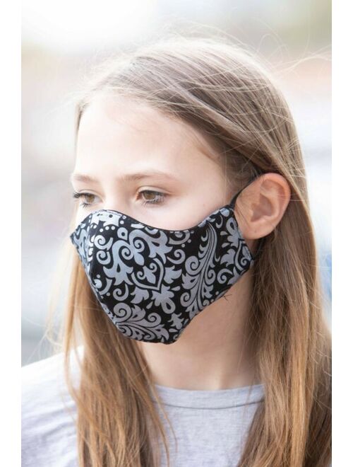 Womens Face Mask Washable Reversible Handmade Damask Black Silver Sparkle