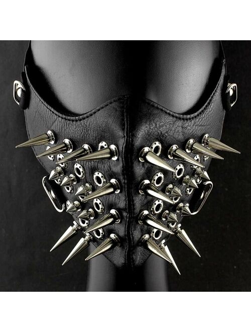 Cool Mens Long Spike Studded Steampunk Leather Mask Biker Rock