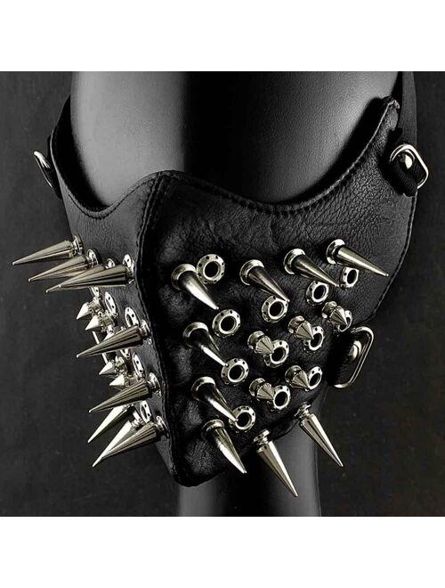 Cool Mens Long Spike Studded Steampunk Leather Mask Biker Rock