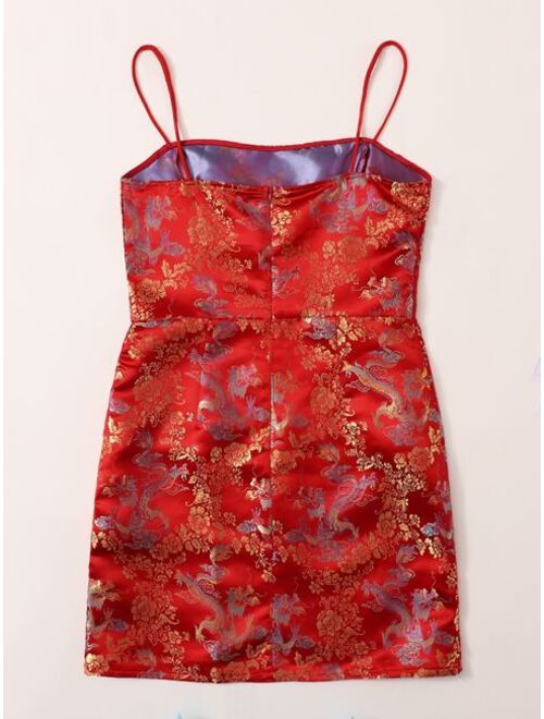 dragon & floral jacquard satin cami dress