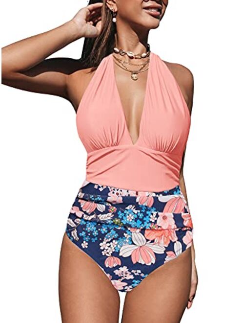 CUPSHE Women's Halter One Piece Swimsuit Keeping You Accompained Swimwear