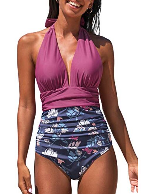 CUPSHE Women's Halter One Piece Swimsuit Keeping You Accompained Swimwear