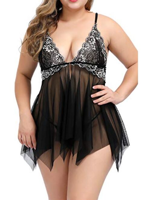 TGD Womens Plus Size Lingerie Lace Babydoll Set Open Front Sexy Chemise Dress