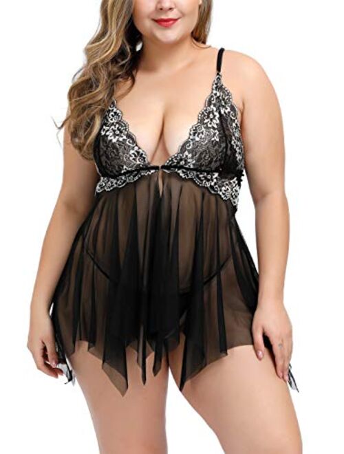 TGD Womens Plus Size Lingerie Lace Babydoll Set Open Front Sexy Chemise Dress