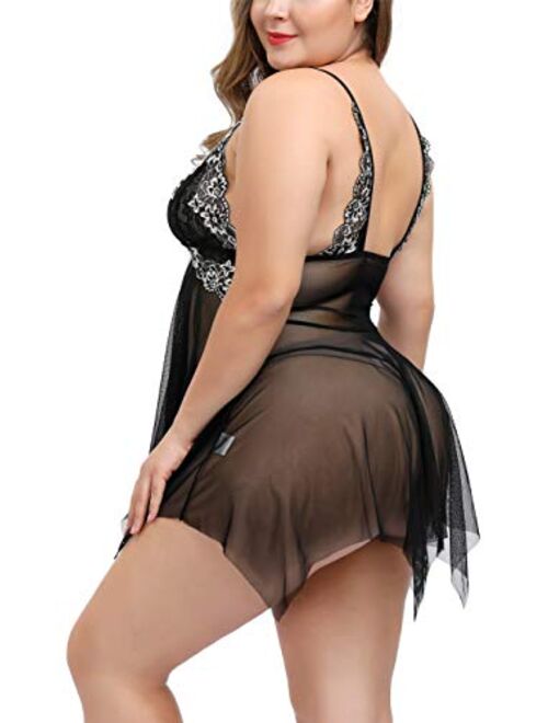 TGD Womens Plus Size Lingerie Lace Babydoll Set Open Front Sexy Chemise Dress