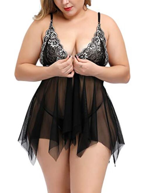 TGD Womens Plus Size Lingerie Lace Babydoll Set Open Front Sexy Chemise Dress