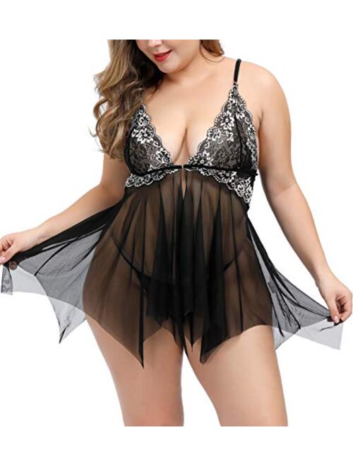 TGD Womens Plus Size Lingerie Lace Babydoll Set Open Front Sexy Chemise Dress