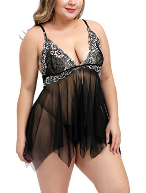 TGD Womens Plus Size Lingerie Lace Babydoll Set Open Front Sexy Chemise Dress