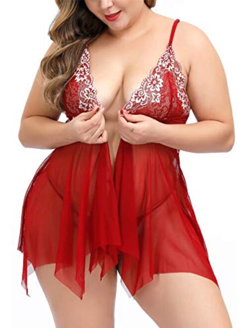 TGD Womens Plus Size Lingerie Lace Babydoll Set Open Front Sexy Chemise Dress