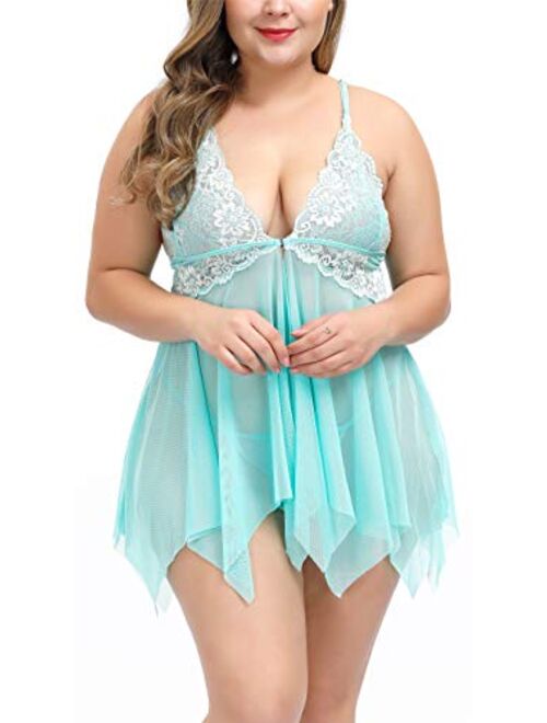 TGD Womens Plus Size Lingerie Lace Babydoll Set Open Front Sexy Chemise Dress