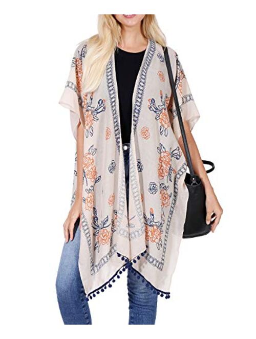 Women's Stylish Kimono Cardigan with Pom-pom, Loose Sleeveless Beach Cover Up, Fashion Swimwear Cover for 2020 Spring Summer