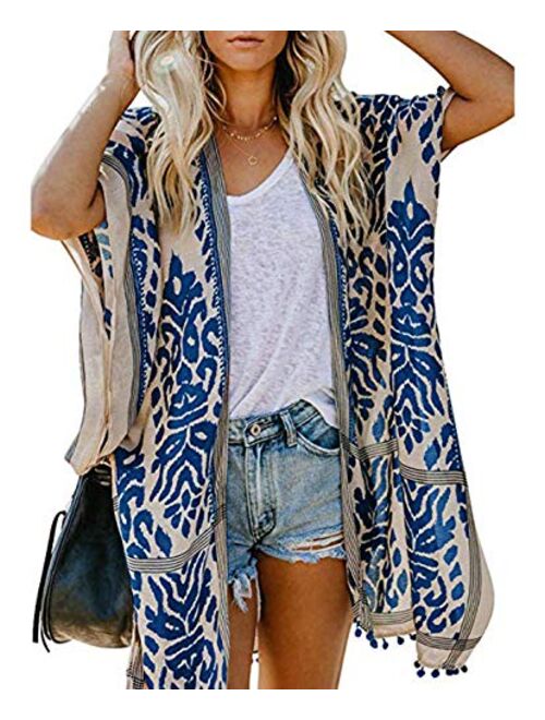 Women's Stylish Kimono Cardigan with Pom-pom, Loose Sleeveless Beach Cover Up, Fashion Swimwear Cover for 2020 Spring Summer