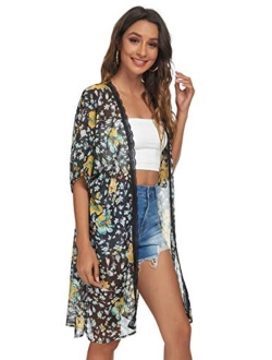 Tribear Women's Sheer Chiffon Kimono Cardigan Solid Casual Capes Beach Cover up