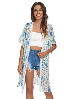 Tribear Women's Sheer Chiffon Kimono Cardigan Solid Casual Capes Beach Cover up