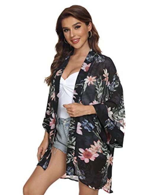 Tribear Women's Sheer Chiffon Kimono Cardigan Solid Casual Capes Beach Cover up