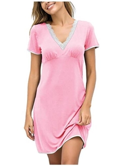 Night Shirts Women Nightgowns Sexy Sleep Shirts Lace Trim V Neck Short Sleeve Night Sleepwear Soft Nightshirt S-XXL