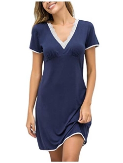 Night Shirts Women Nightgowns Sexy Sleep Shirts Lace Trim V Neck Short Sleeve Night Sleepwear Soft Nightshirt S-XXL