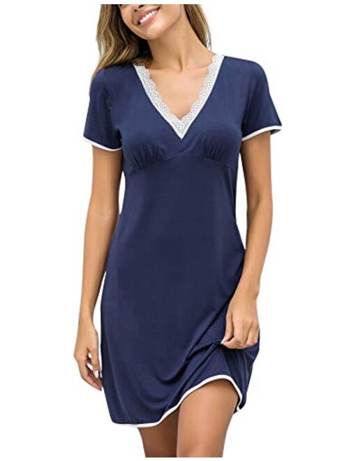 Ekouaer Night Shirts Women Nightgowns Sexy Sleep Shirts Lace Trim V Neck Short Sleeve Night Sleepwear Soft Nightshirt S-XXL