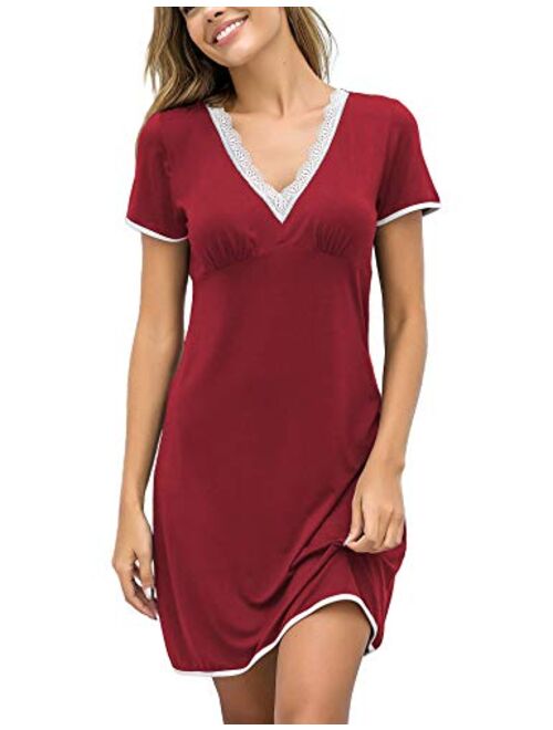 Ekouaer Night Shirts Women Nightgowns Sexy Sleep Shirts Lace Trim V Neck Short Sleeve Night Sleepwear Soft Nightshirt S-XXL