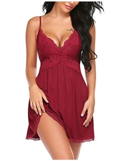 Women Babydoll Nightgown Chemises Lace Modal Sleepwear V-Neck Full Slip Sleep Dress