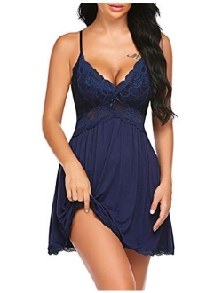 Women Babydoll Nightgown Chemises Lace Modal Sleepwear V-Neck Full Slip Sleep Dress