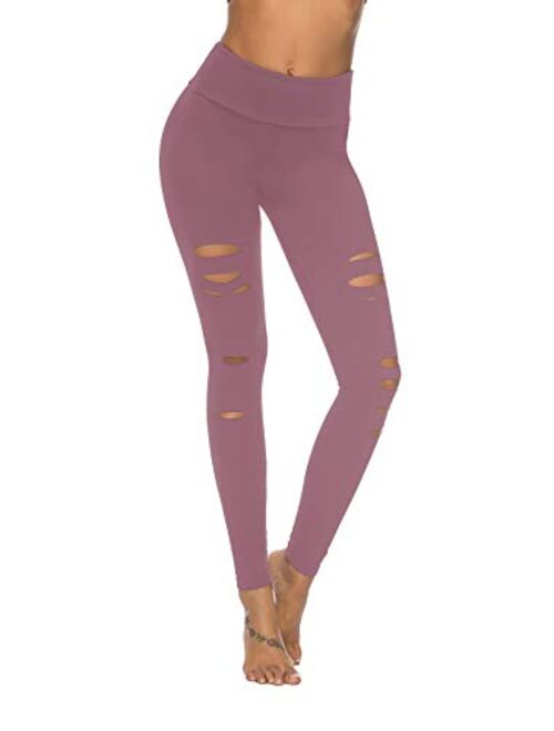 DIBAOLONG Womens High Waist Yoga Pants Cutout Ripped Tummy Control Workout Running Yoga Skinny Leggings