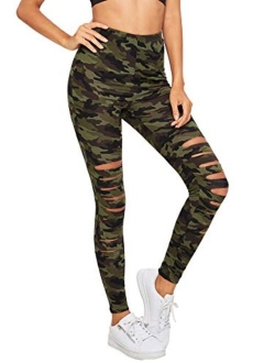 Women's High Waisted Cutout Ripped Skinny Leggings Yoga Active Pants