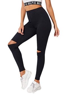 Women's High Waisted Cutout Ripped Skinny Leggings Yoga Active Pants