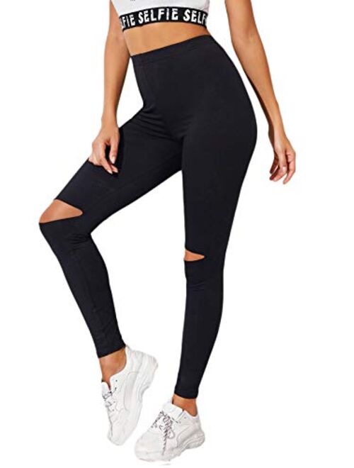 SweatyRocks Women's High Waisted Cutout Ripped Skinny Leggings Yoga Active Pants