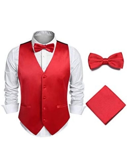 JINIDU Men's 3pc Business Satin Suit Vest Set Bowtie Hanky Wedding Waistcoat Jacket