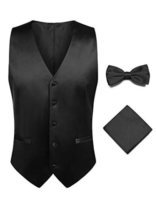 JINIDU Men's 3pc Business Satin Suit Vest Set Bowtie Hanky Wedding Waistcoat Jacket