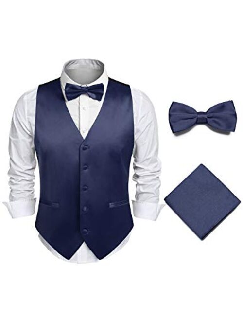 JINIDU Men's 3pc Business Satin Suit Vest Set Bowtie Hanky Wedding Waistcoat Jacket