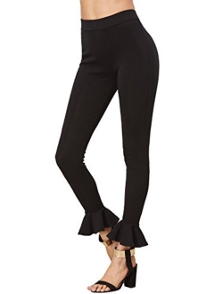 Women's Casual High Waist Leggings Ruffle Hem Stretchy Work Pants