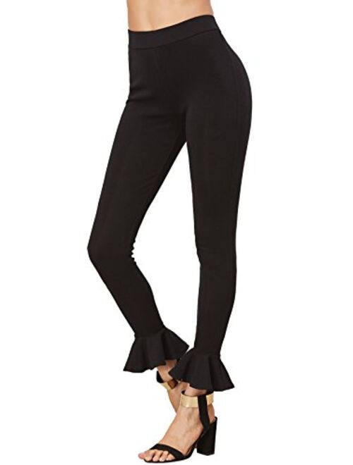 SweatyRocks Women's Casual High Waist Leggings Ruffle Hem Stretchy Work Pants