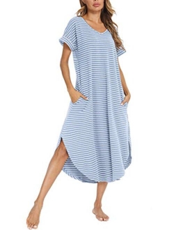 AVIIER Women's Long Nightgown Cotton V Neck Sleepwear Short Sleeve Loungewear