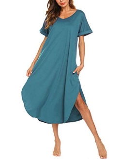 AVIIER Women's Long Nightgown Cotton V Neck Sleepwear Short Sleeve Loungewear