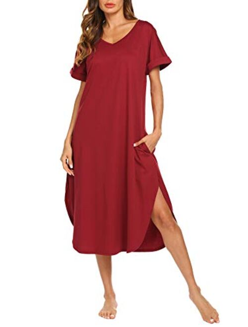 AVIIER Women's Long Nightgown Cotton V Neck Sleepwear Short Sleeve Loungewear