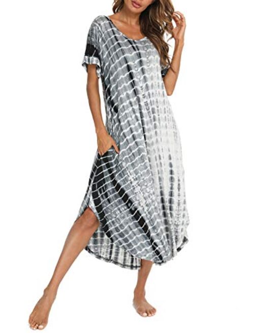 AVIIER Women's Long Nightgown Cotton V Neck Sleepwear Short Sleeve Loungewear