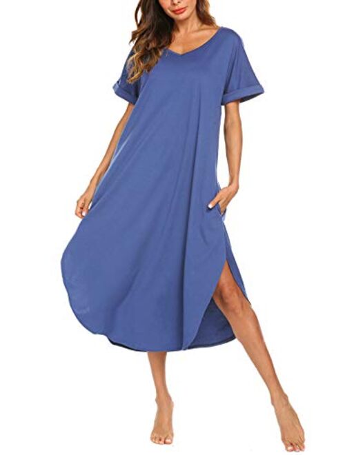 AVIIER Women's Long Nightgown Cotton V Neck Sleepwear Short Sleeve Loungewear