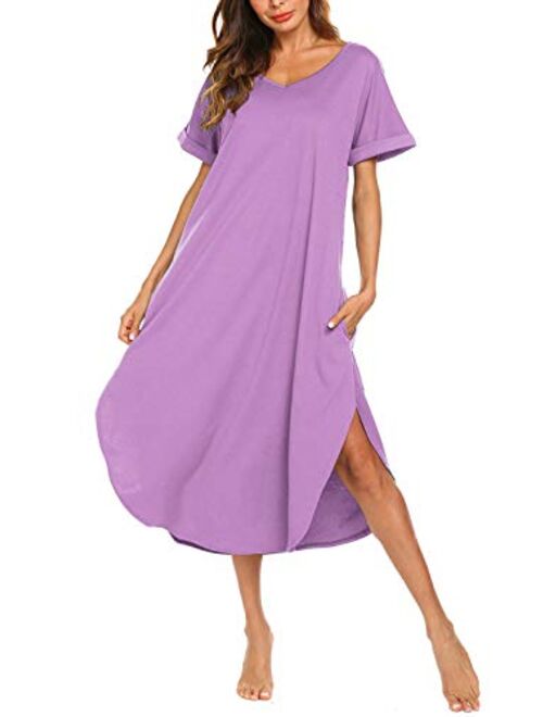 AVIIER Women's Long Nightgown Cotton V Neck Sleepwear Short Sleeve Loungewear