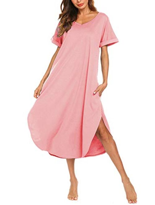 AVIIER Women's Long Nightgown Cotton V Neck Sleepwear Short Sleeve Loungewear