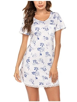 Sleepwear Womens Nightgown Sexy Sleep Shirt Dress V Neck Short Sleeve Lace Trim Soft Nightshirt (XS-3XL)