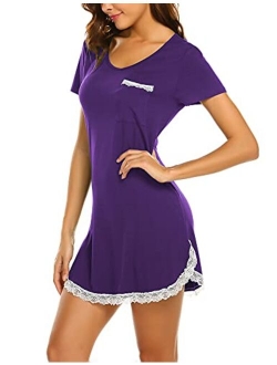 Sleepwear Womens Nightgown Sexy Sleep Shirt Dress V Neck Short Sleeve Lace Trim Soft Nightshirt (XS-3XL)