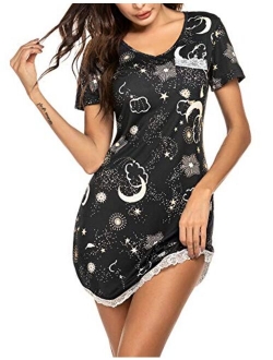 Sleepwear Womens Nightgown Sexy Sleep Shirt Dress V Neck Short Sleeve Lace Trim Soft Nightshirt (XS-3XL)