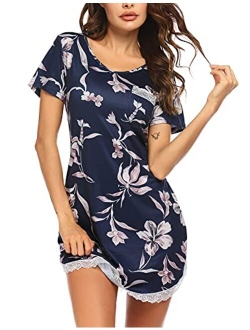 Sleepwear Womens Nightgown Sexy Sleep Shirt Dress V Neck Short Sleeve Lace Trim Soft Nightshirt (XS-3XL)