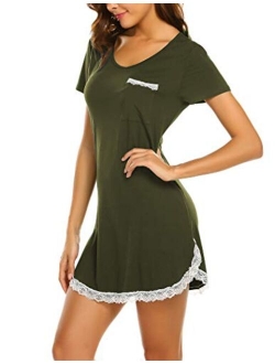 Sleepwear Womens Nightgown Sexy Sleep Shirt Dress V Neck Short Sleeve Lace Trim Soft Nightshirt (XS-3XL)