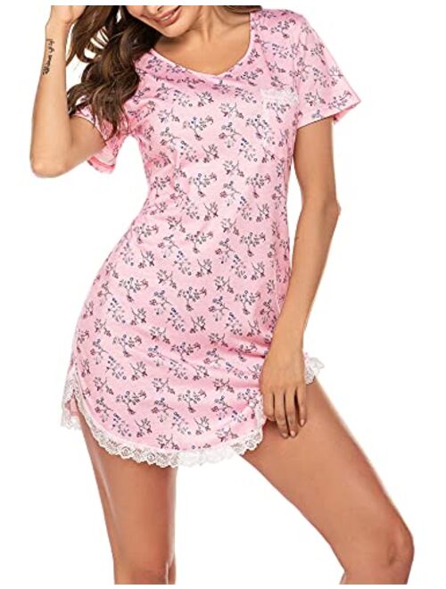 Ekouaer Sleepwear Womens Nightgown Sexy Sleep Shirt Dress V Neck Short Sleeve Lace Trim Soft Nightshirt (XS-3XL)